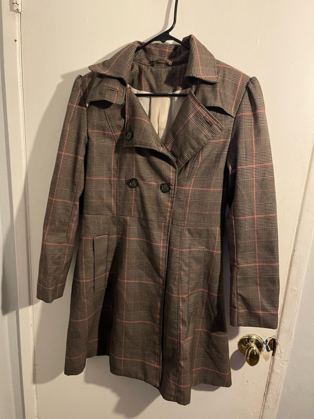 H&M Brown Trench Coat with Pink Windowpane